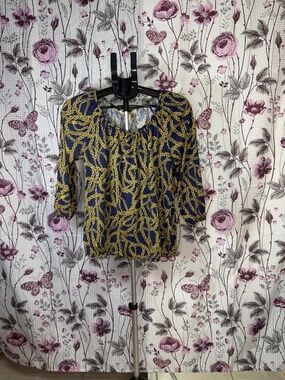 Michael Kors Blouse Women Small Blue Gold Chain Print 3/4 Sleeve Stretch Top